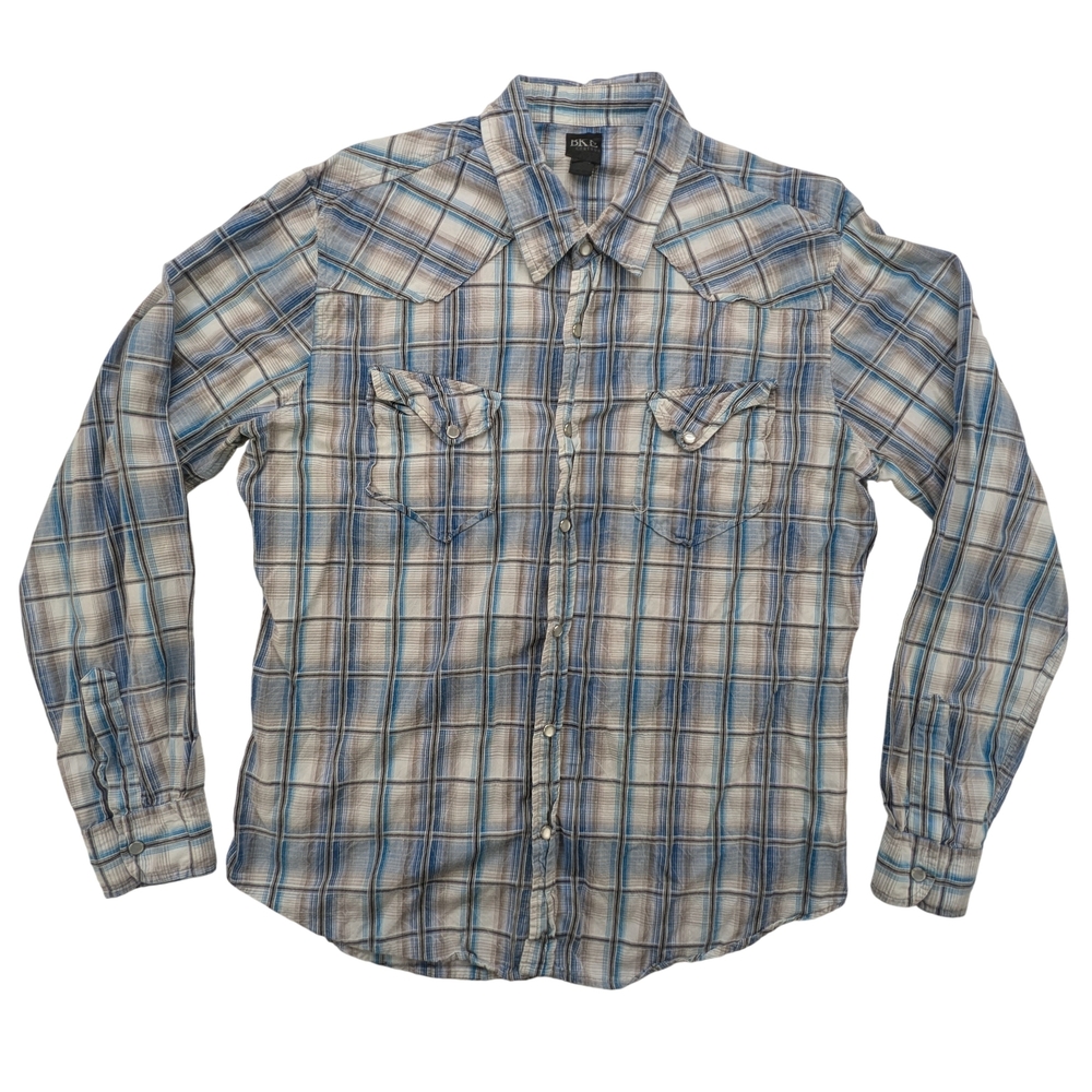 BKE Contour Shirt Mens Large Plaid Western Pearl Snap Blue Gray Cowboy Rodeo
